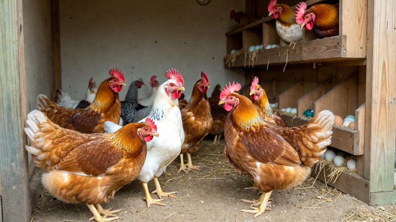 Chickens in coop with eggs Chickens in coop with eggs