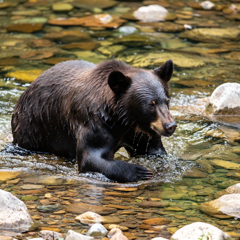 Black bear wading in river Black bear wading in river
