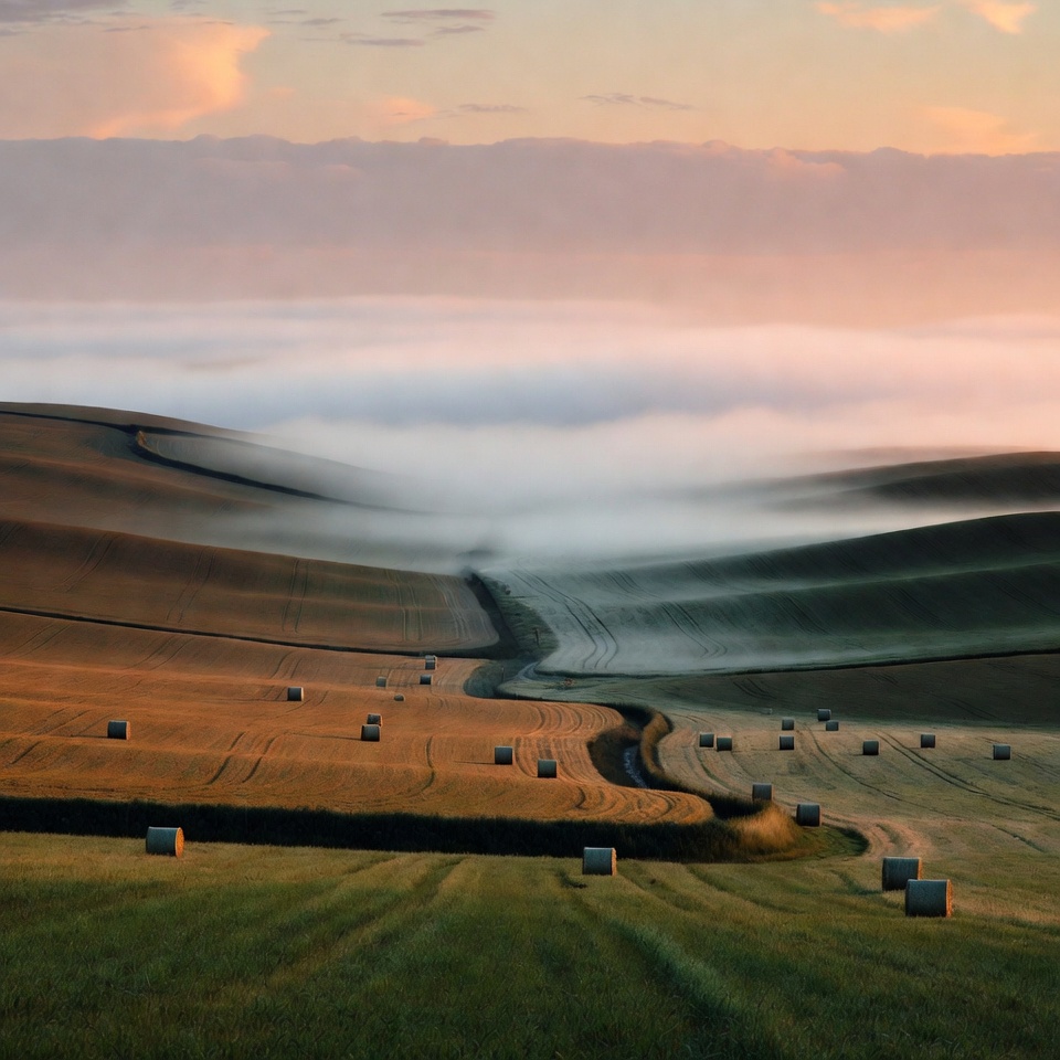 Hay bales in misty rolling fields Hay bales in misty rolling fields