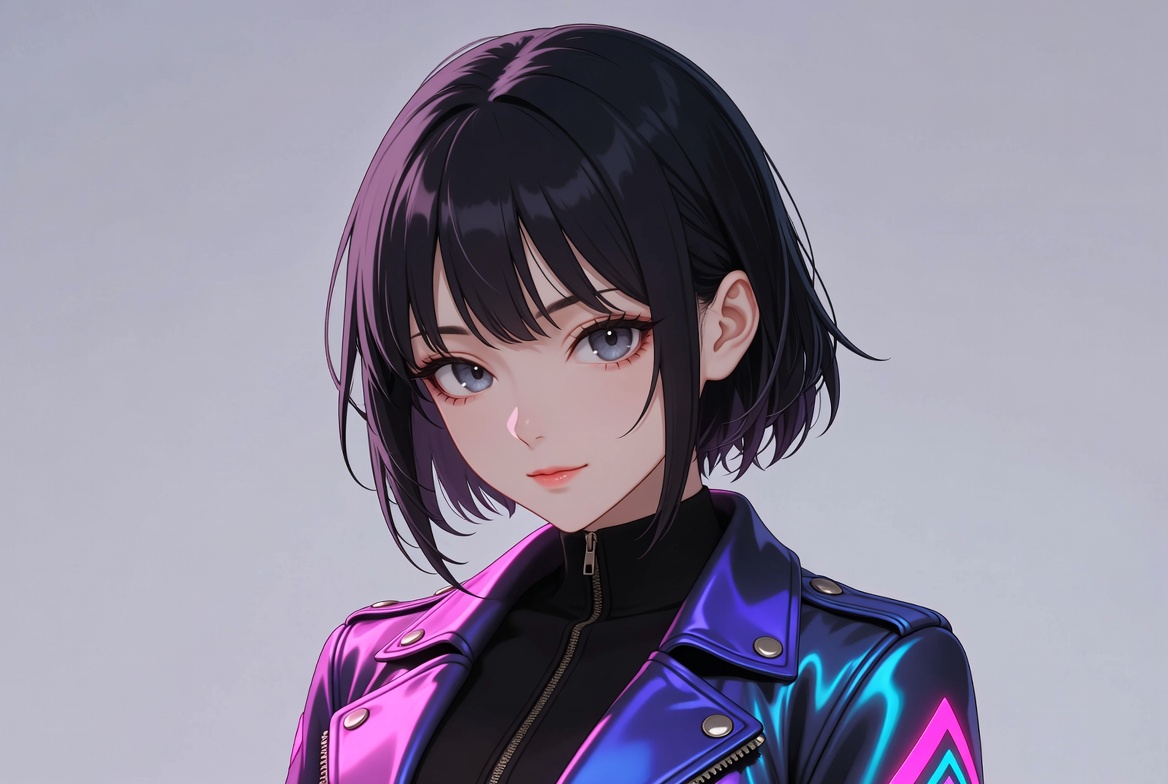Anime girl in shiny leather jacket Anime girl in shiny leather jacket