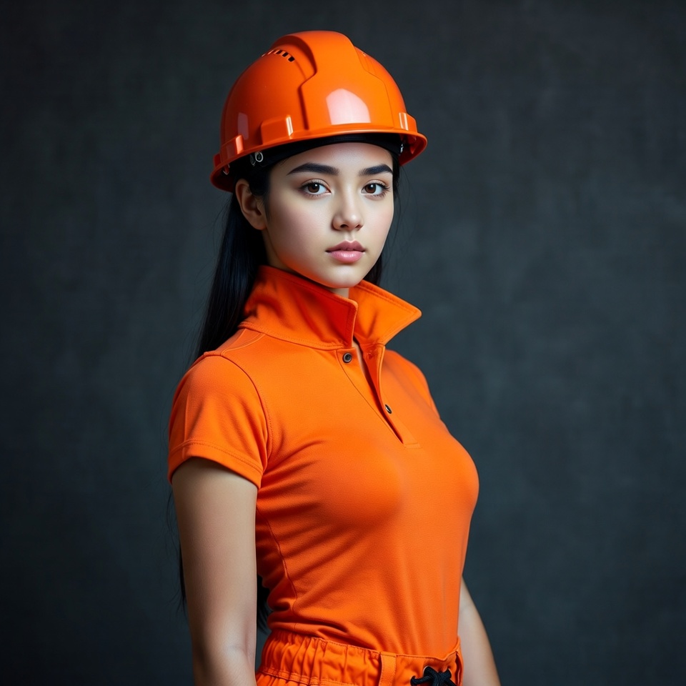 Asian woman wearing orange hard hat Asian woman wearing orange hard hat