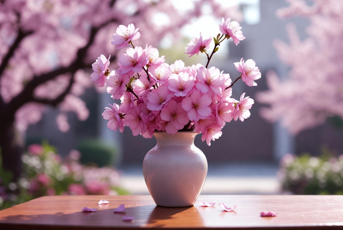 Pink Cherry Blossoms in White Vase Pink Cherry Blossoms in White Vase