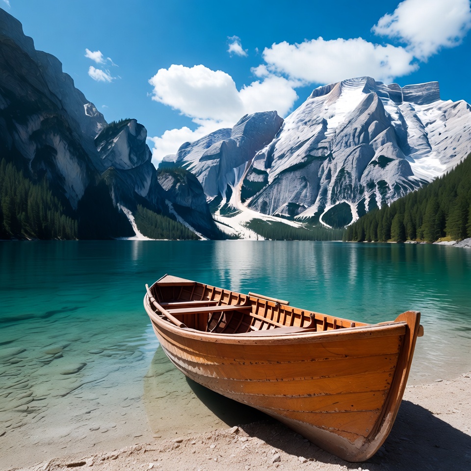 Wooden boat on Tre Cime lake shore Wooden boat on Tre Cime lake shore