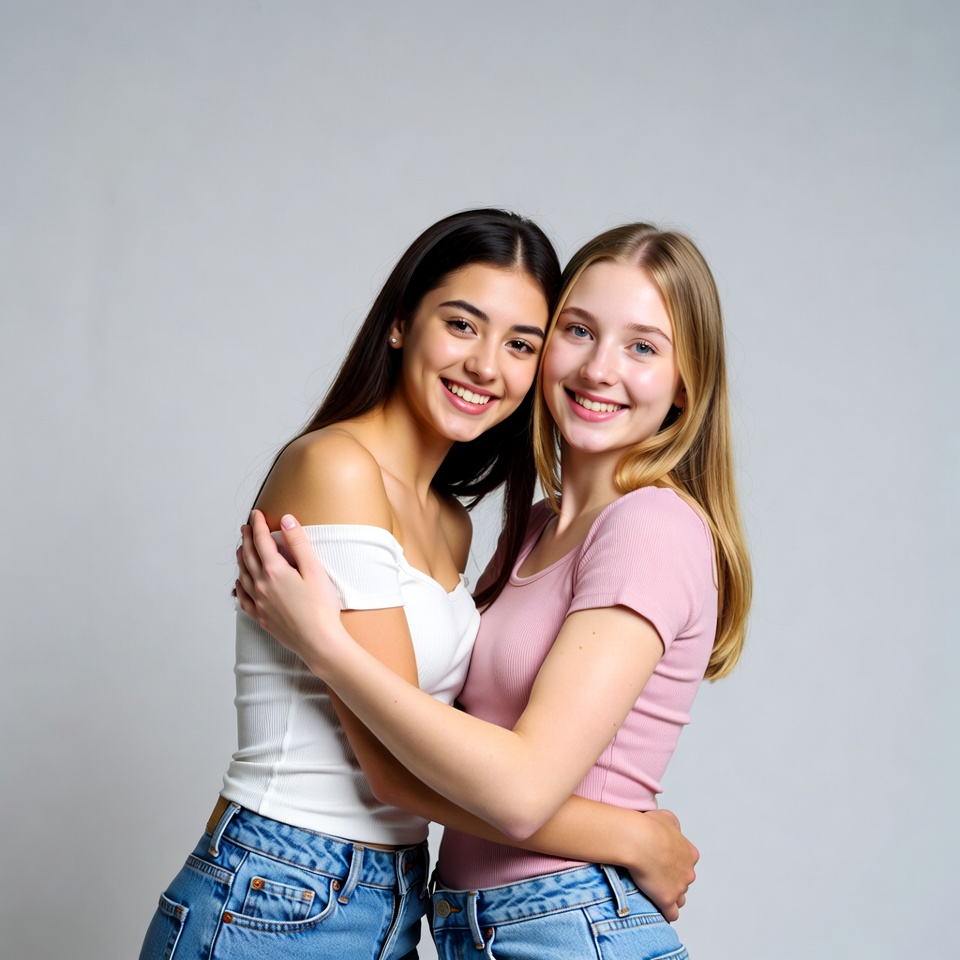 Two young women hugging smiling Two young women hugging smiling