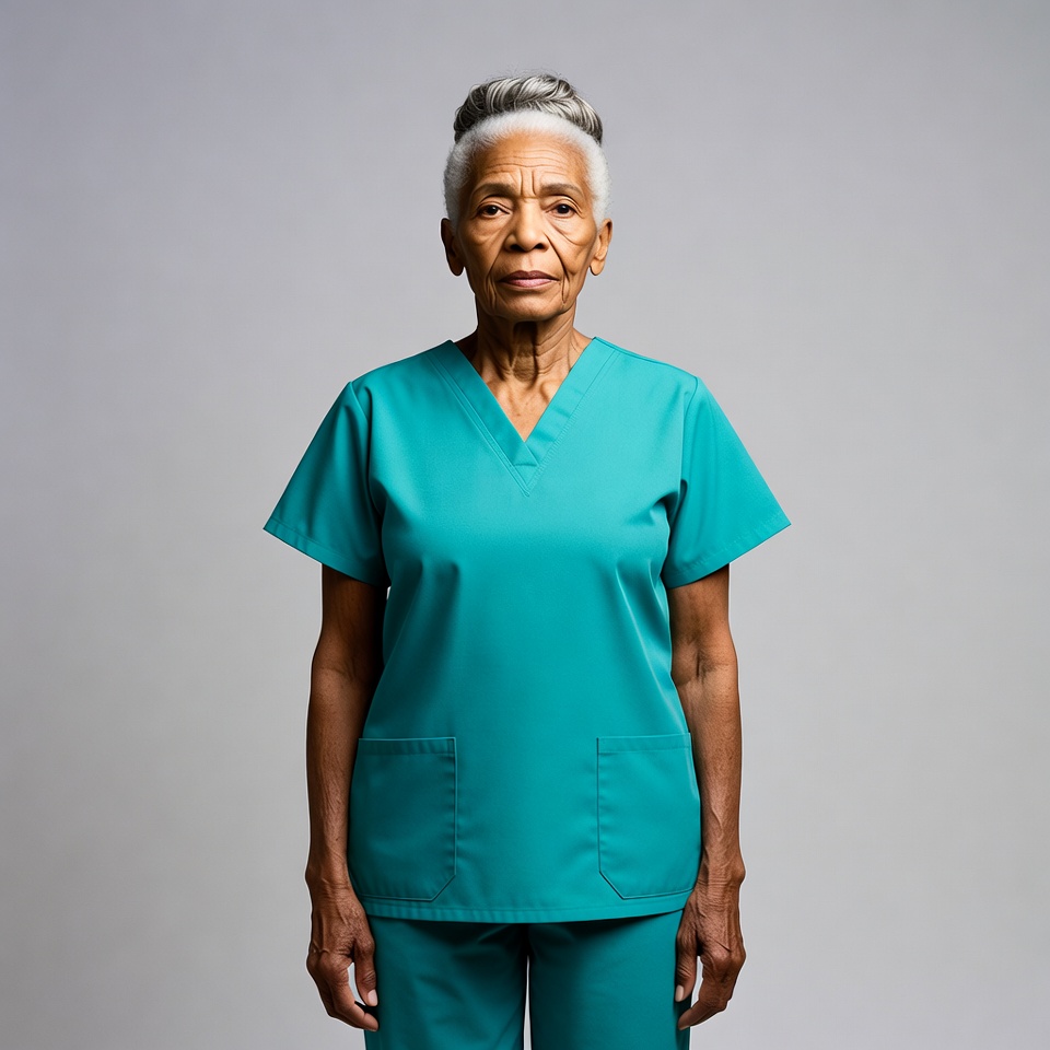 Elderly African-American woman in scrubs Elderly African-American woman in scrubs