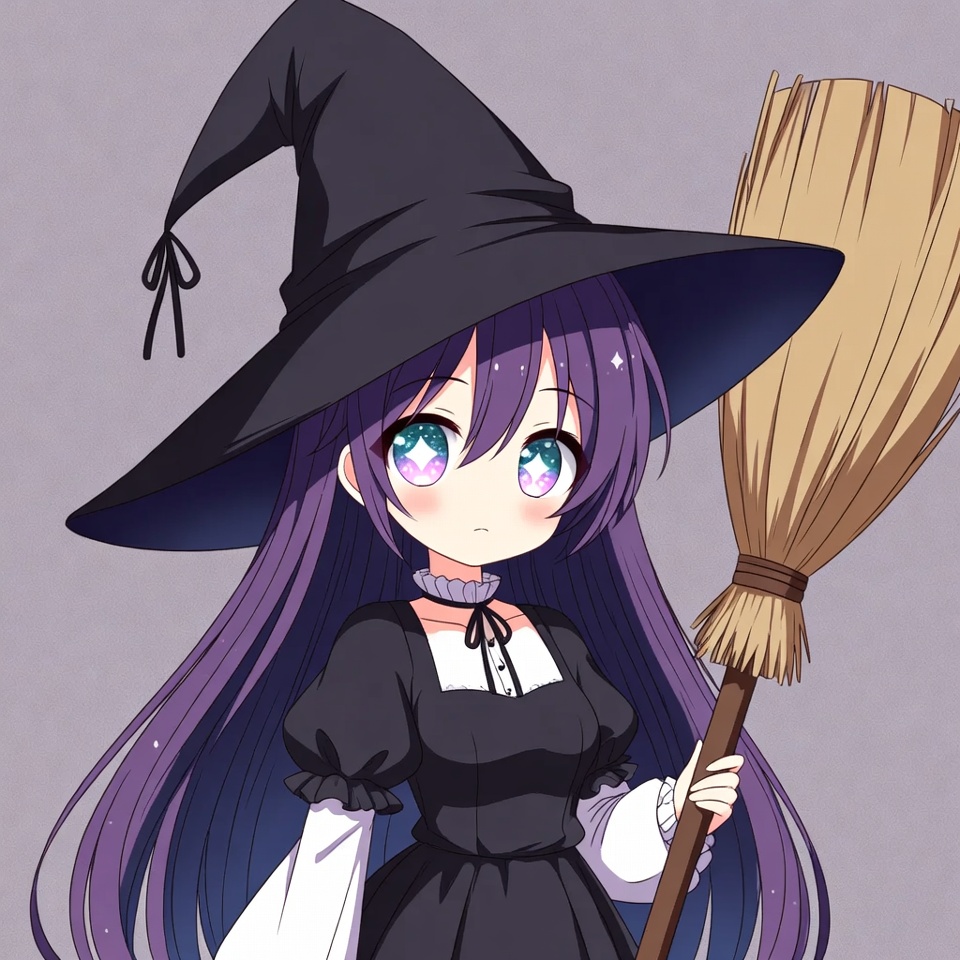 Anime witch girl holding broom Anime witch girl holding broom
