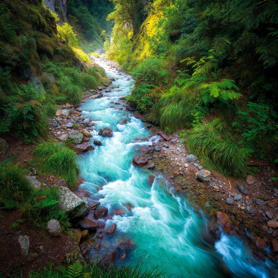 Turquoise River Flowing Through Forest Canyon Turquoise River Flowing Through Forest Canyon
