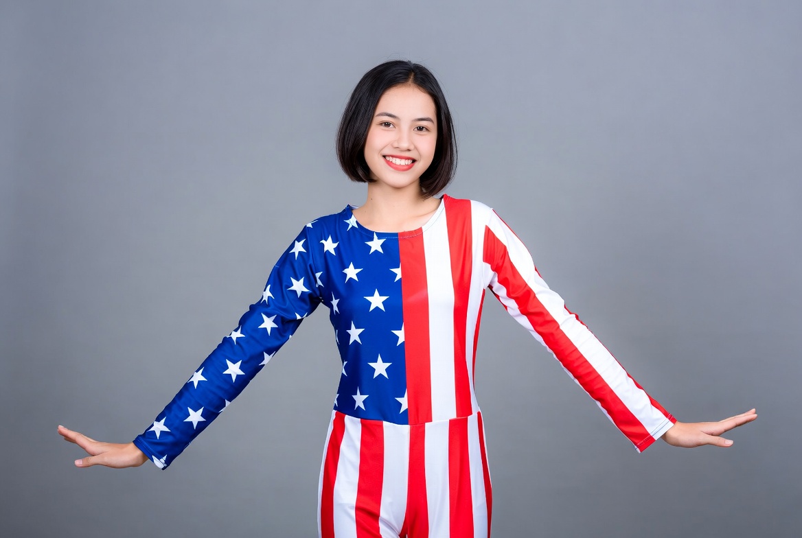 Asian woman in American flag bodysuit Asian woman in American flag bodysuit