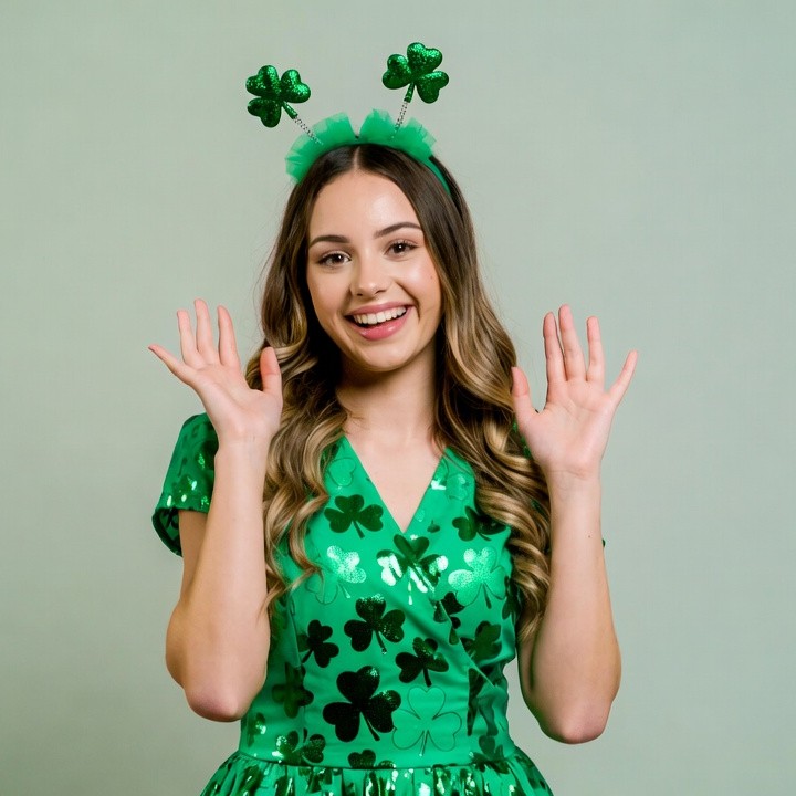 Young woman in shamrock St. Patrick's headband Young woman in shamrock St. Patrick's headband