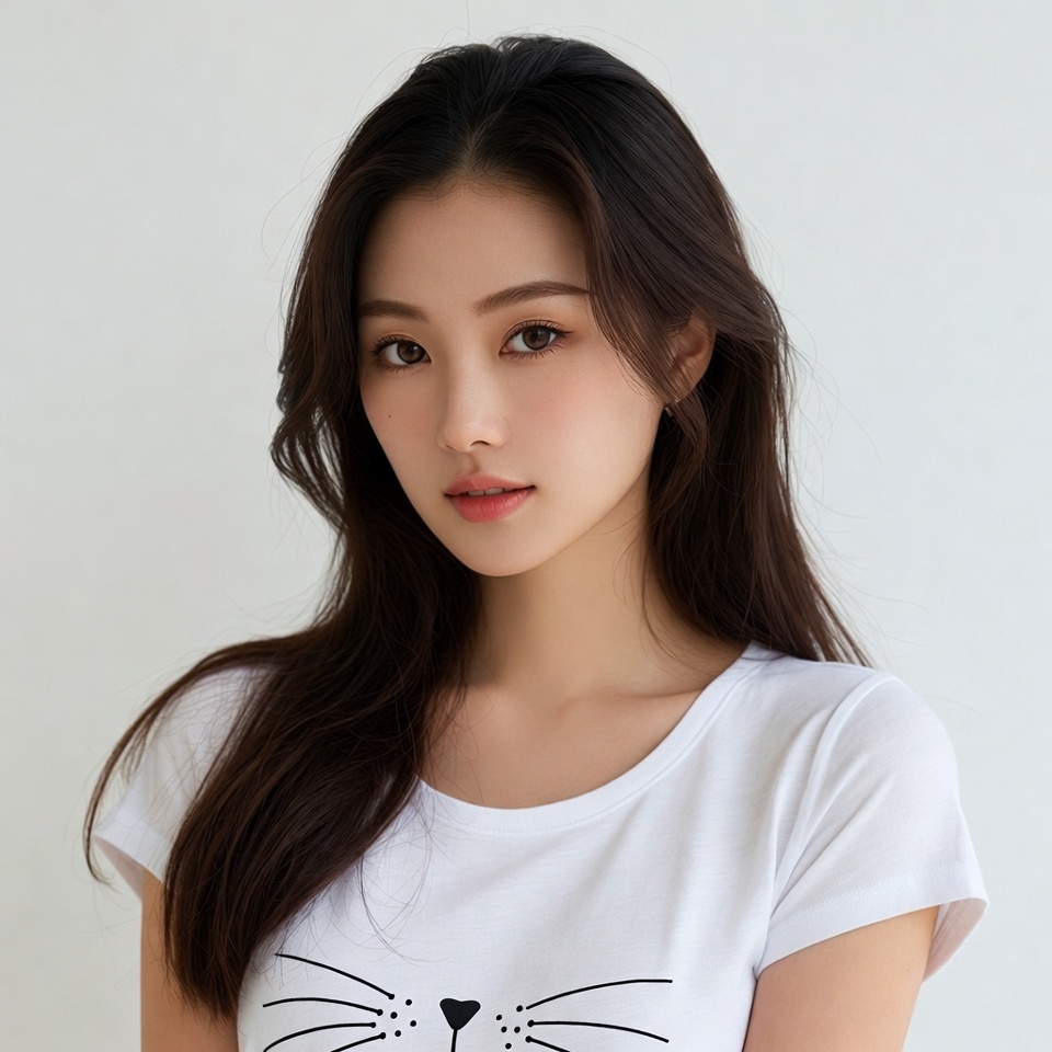 Asian woman in cat face t-shirt Asian woman in cat face t-shirt