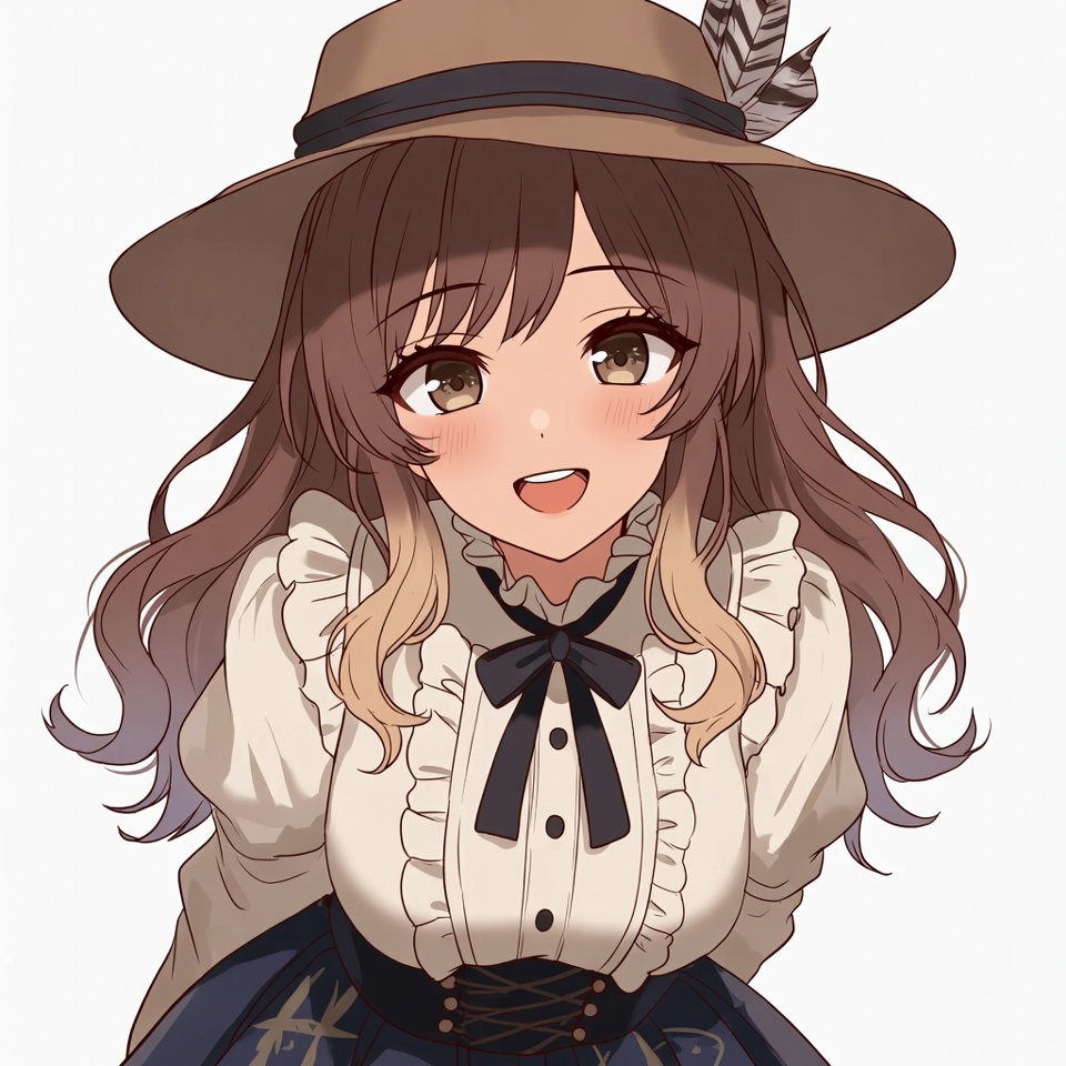 Anime girl in feathered hat smiling Anime girl in feathered hat smiling