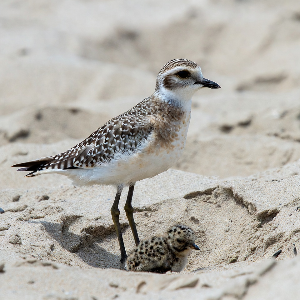 Plover with chick on beach Plover with chick on beach