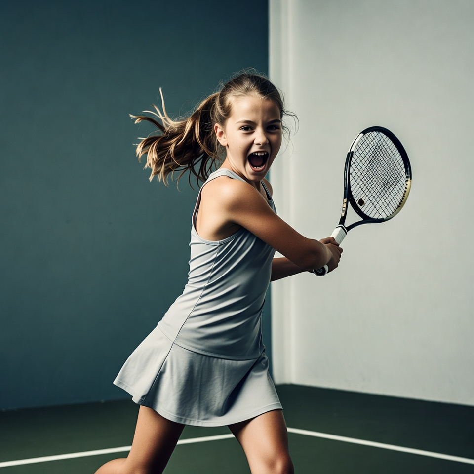 Girl swinging tennis racket excitedly Girl swinging tennis racket excitedly