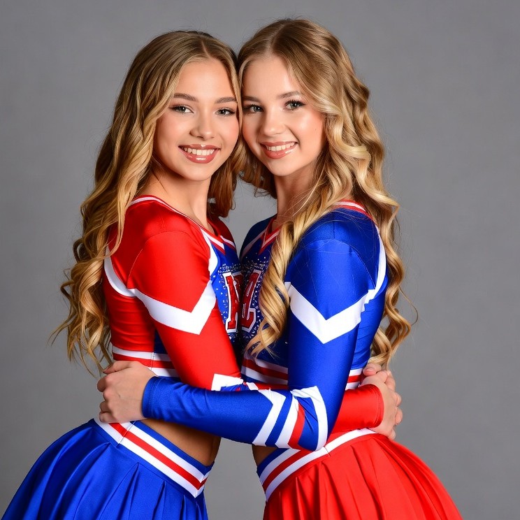 Twin blonde cheerleaders hugging Twin blonde cheerleaders hugging