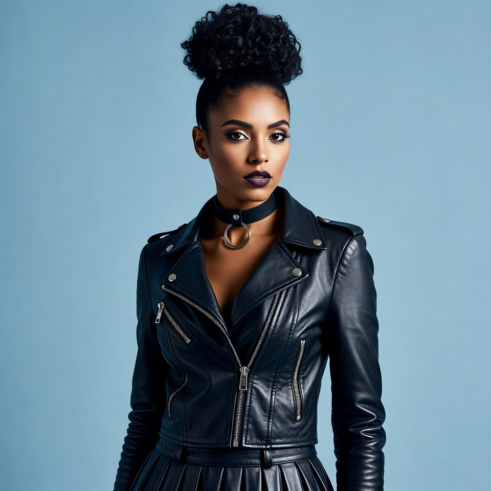 African-American woman in leather jacket African-American woman in leather jacket