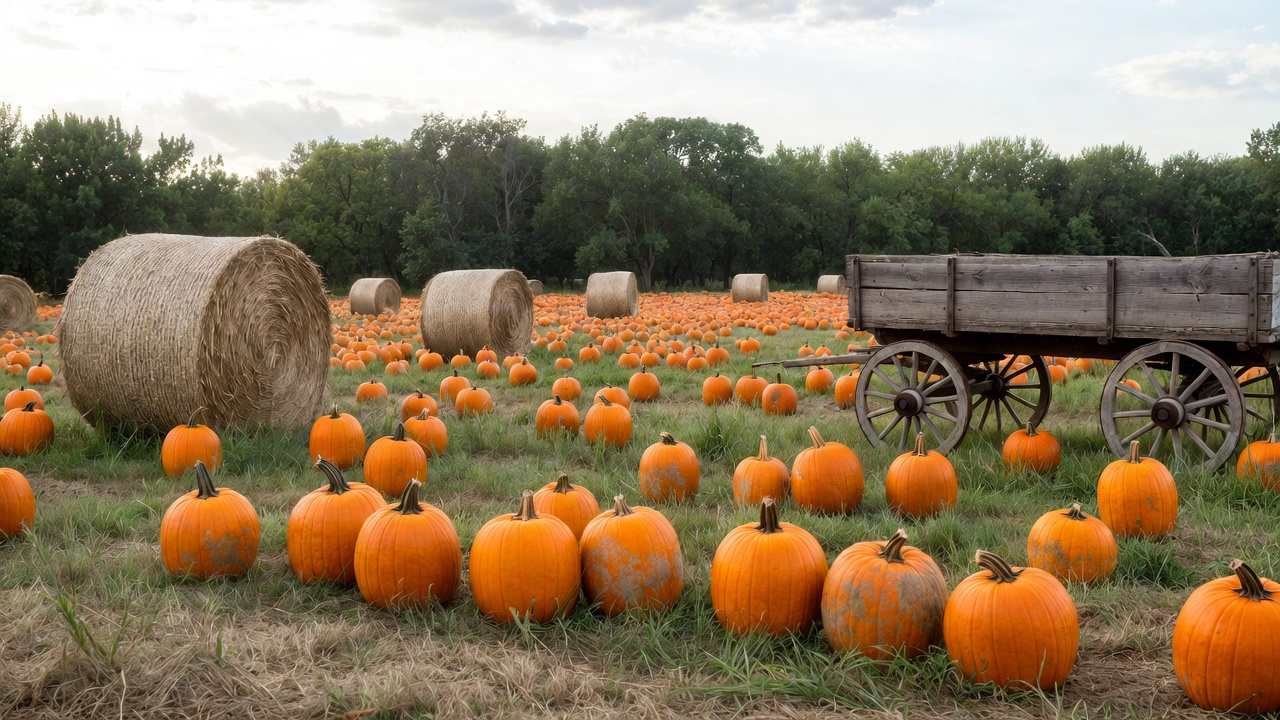 Pumpkin Patch with Hay Bales and Wagon Pumpkin Patch with Hay Bales and Wagon