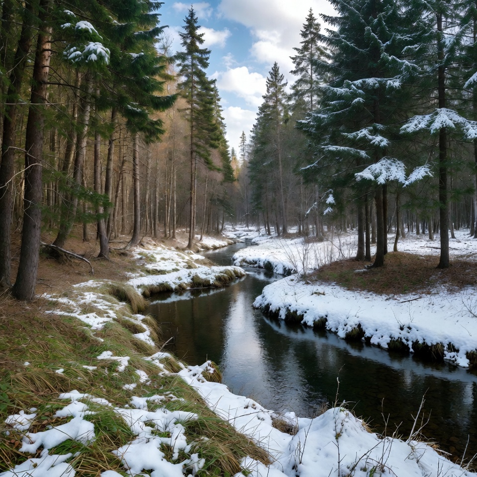 Snowy Forest with Winding Stream Snowy Forest with Winding Stream