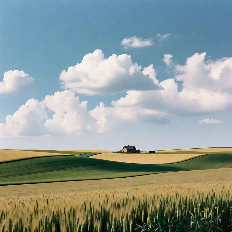 Lonely farmhouse in rolling wheat fields Lonely farmhouse in rolling wheat fields