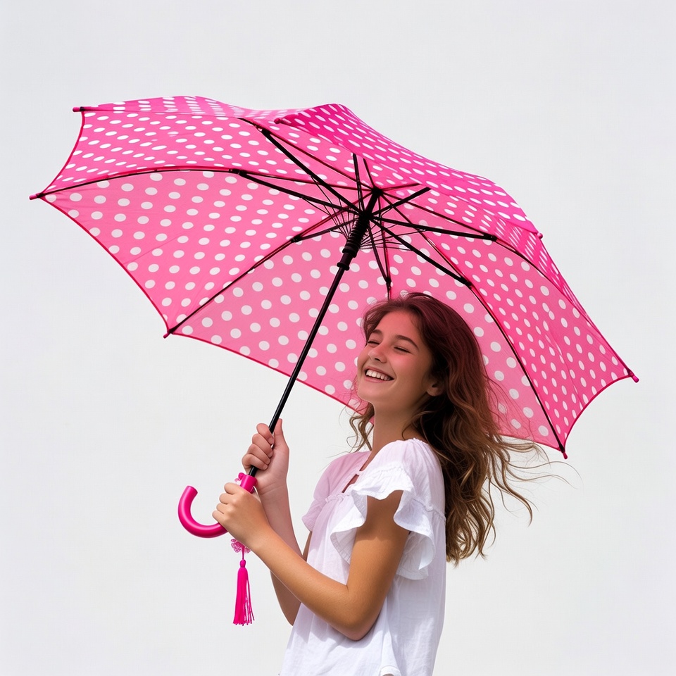Girl holding pink polka dot umbrella Girl holding pink polka dot umbrella