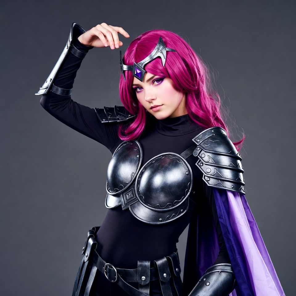 Cosplay woman in pink hair armor Cosplay woman in pink hair armor