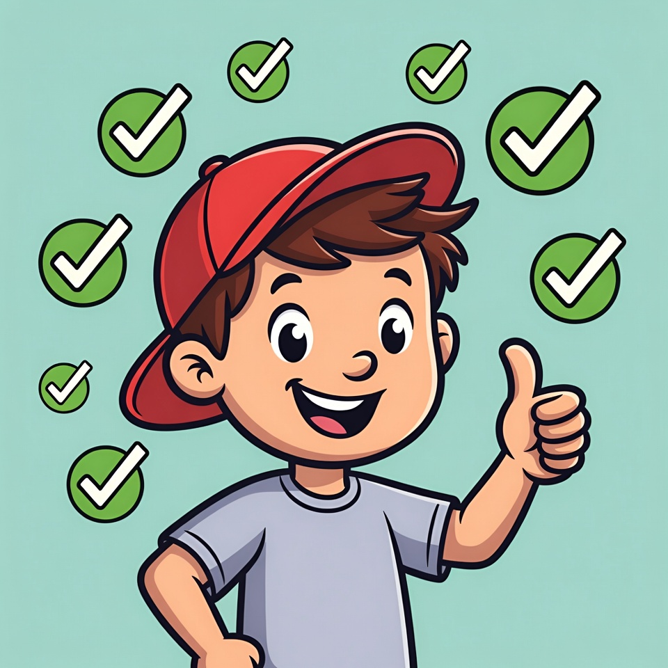 Cartoon boy giving thumbs up with checkmarks Cartoon boy giving thumbs up with checkmarks