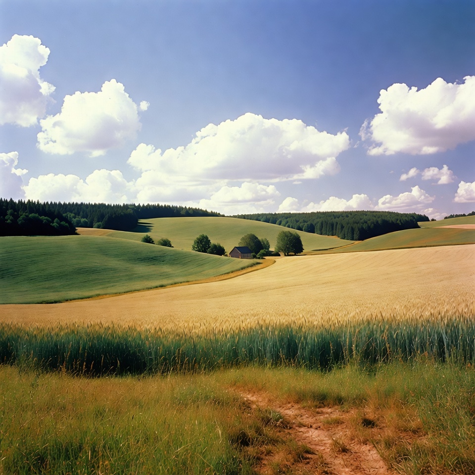 Rolling green fields with farmhouse Rolling green fields with farmhouse