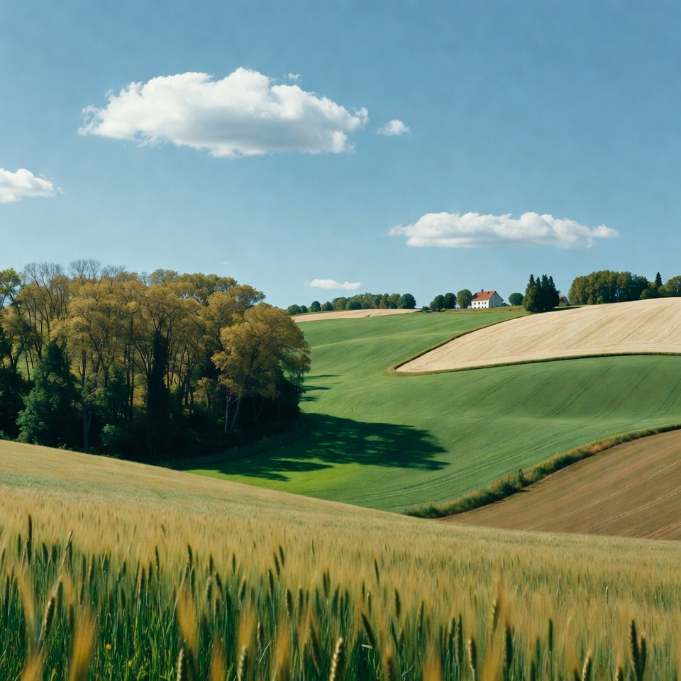 Rolling Fields with Wheat and Farmhouse Rolling Fields with Wheat and Farmhouse