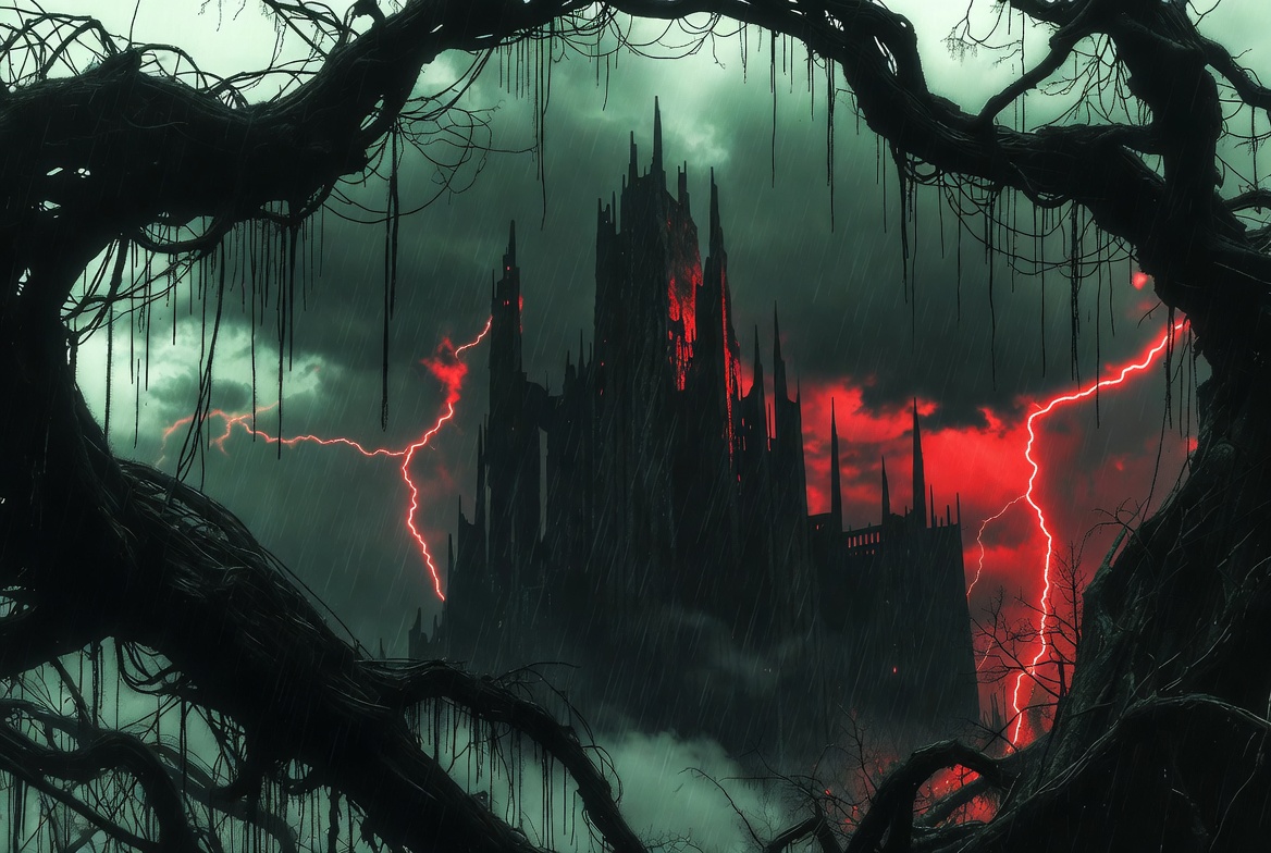 Dark Gothic Castle in Lightning Storm Dark Gothic Castle in Lightning Storm
