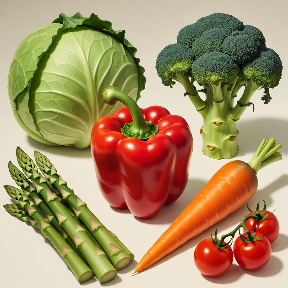 Fresh Vegetables: Cabbage Broccoli Pepper Asparagus Carrot Tomatoes Fresh Vegetables: Cabbage Broccoli Pepper Asparagus Carrot Tomatoes