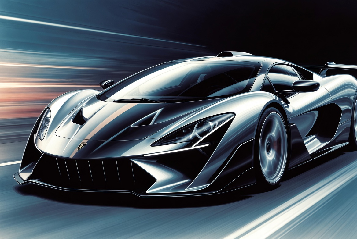 Silver Lamborghini supercar speeding on road Silver Lamborghini supercar speeding on road