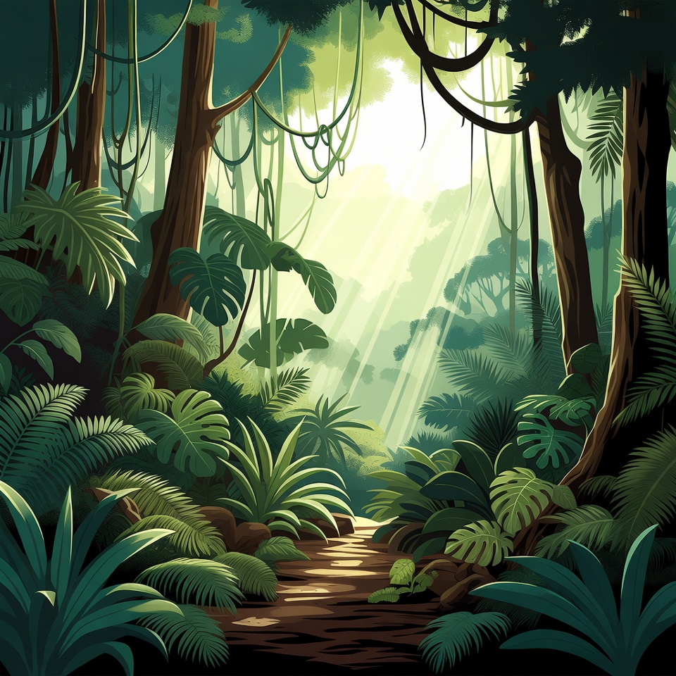 Lush Jungle Path with Sunbeams Lush Jungle Path with Sunbeams