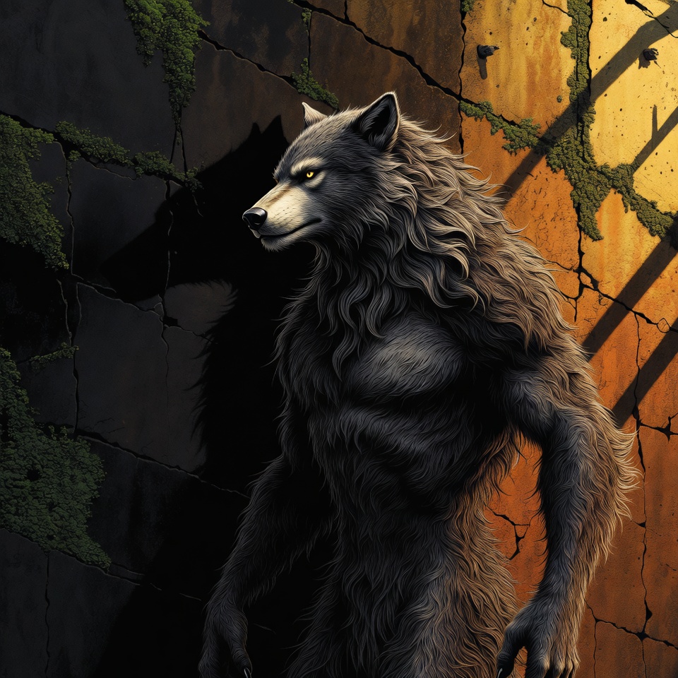Werewolf standing against mossy wall Werewolf standing against mossy wall