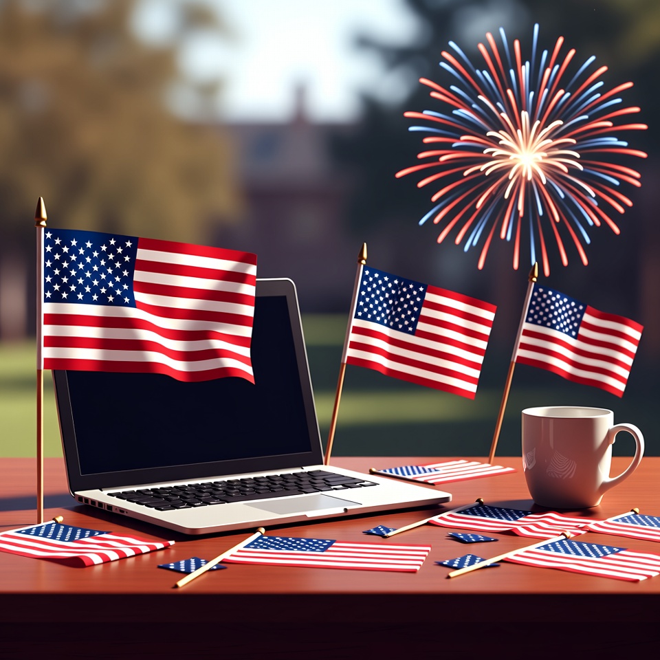Laptop with American Flags and Fireworks Laptop with American Flags and Fireworks