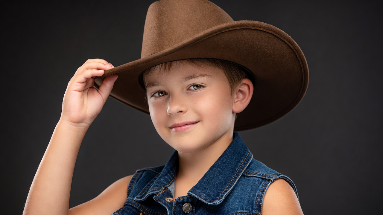 Boy tipping brown cowboy hat Boy tipping brown cowboy hat