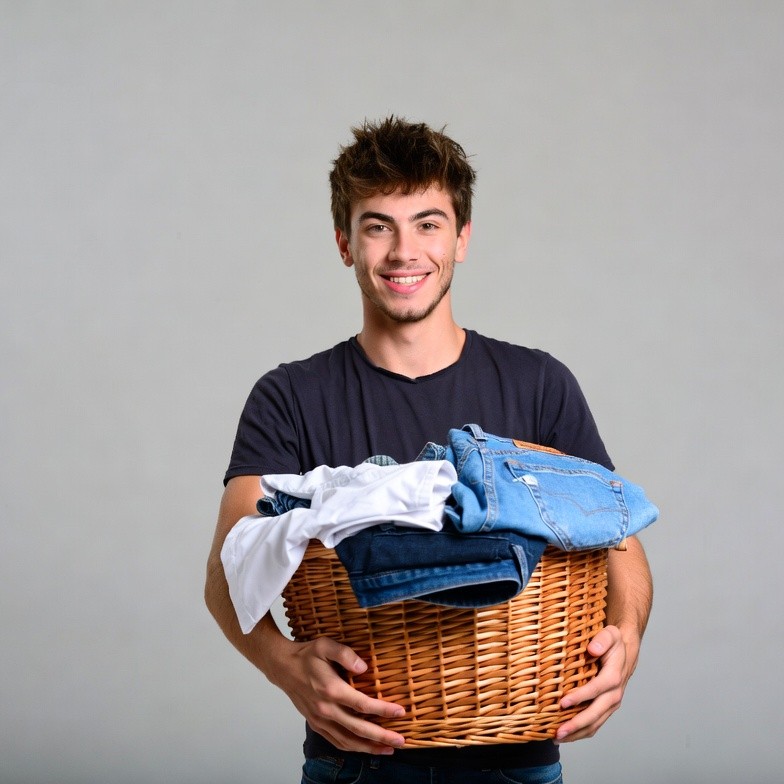 Young man holding laundry basket Young man holding laundry basket