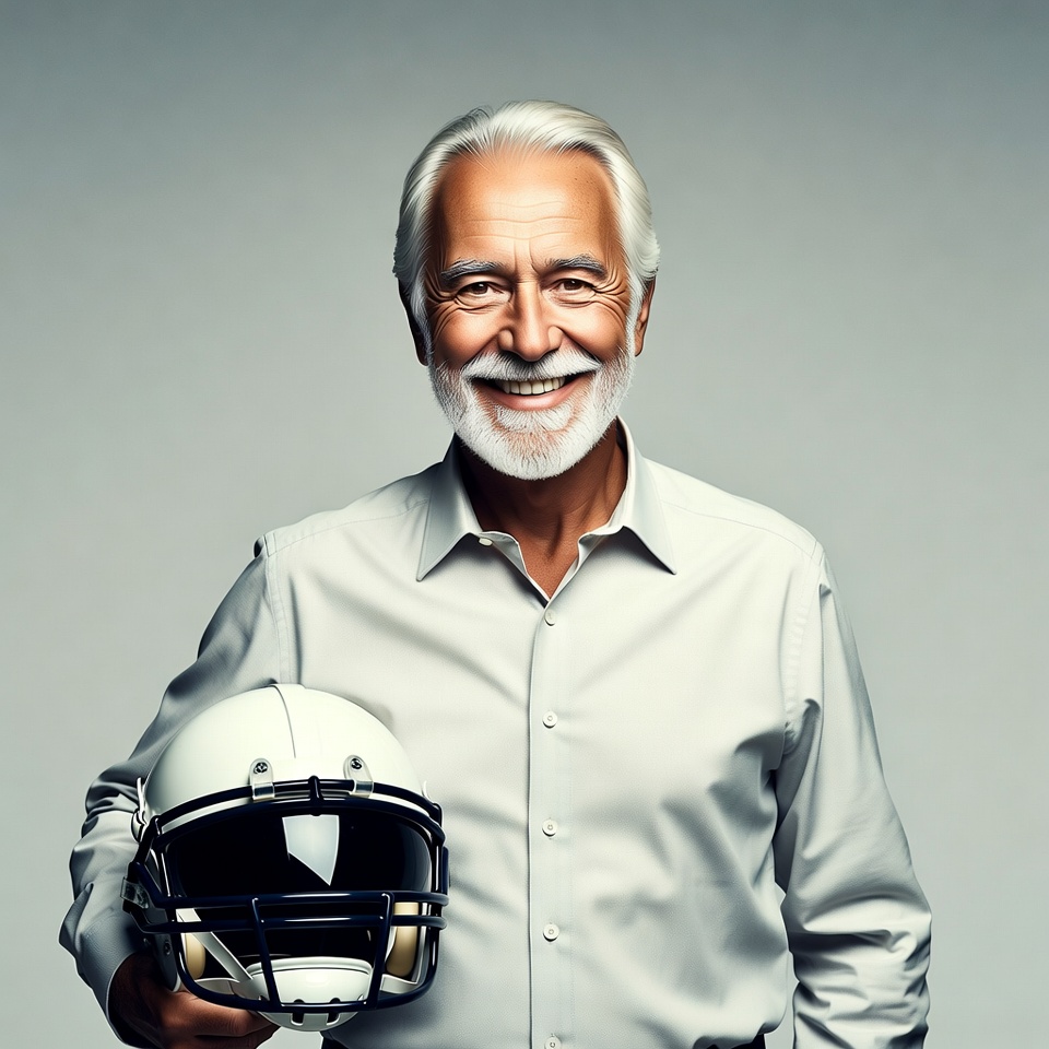 Elderly man holding football helmet Elderly man holding football helmet