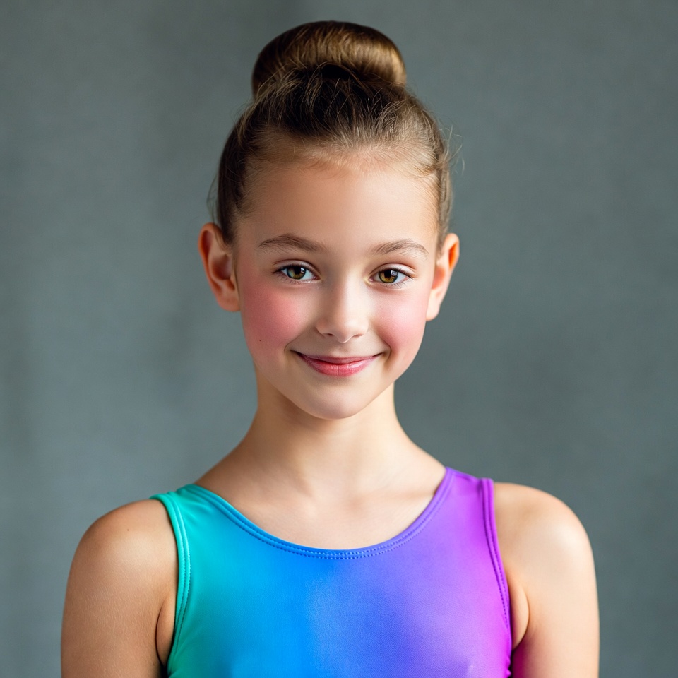 Girl in colorful leotard smiling Girl in colorful leotard smiling