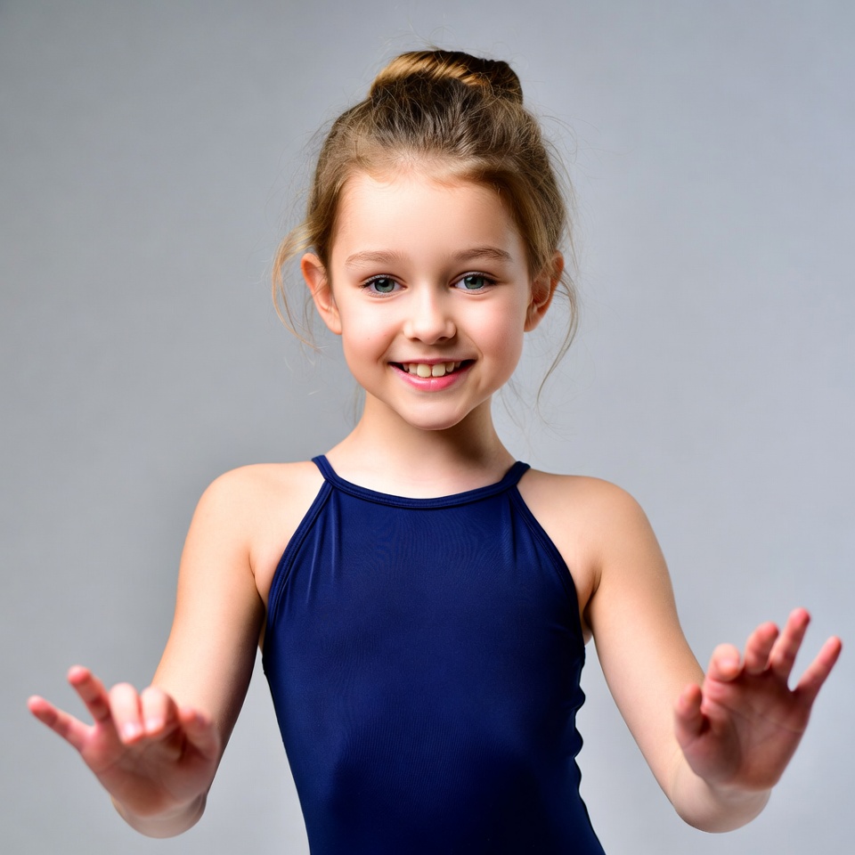 Smiling girl in blue leotard with hands outstretched Smiling girl in blue leotard with hands outstretched