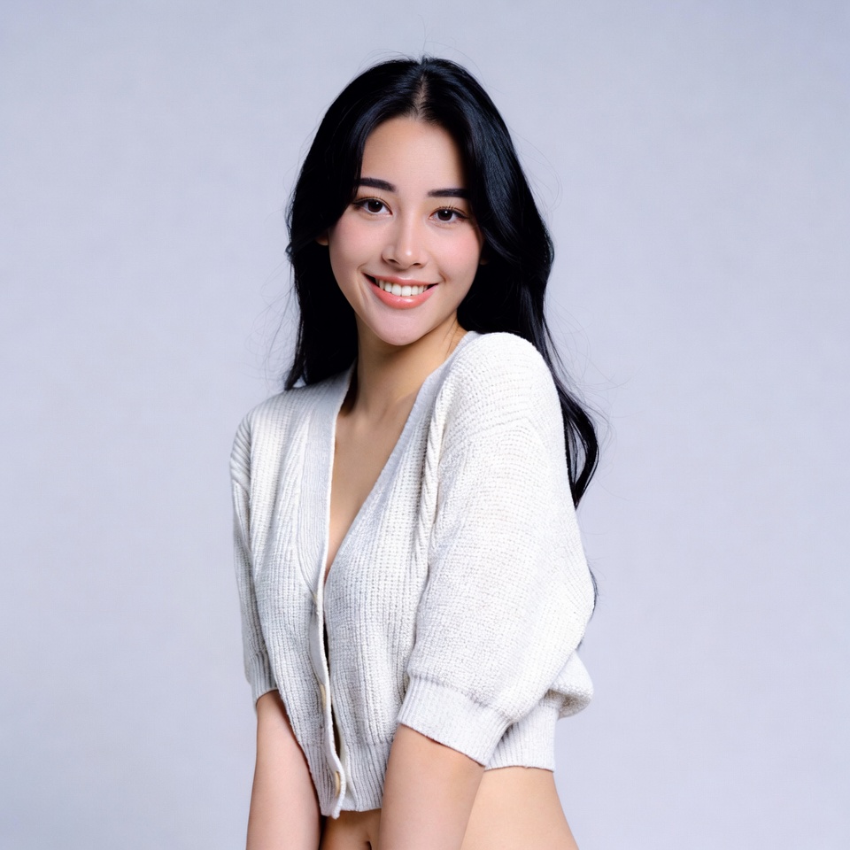Asian woman smiling in white cardigan Asian woman smiling in white cardigan