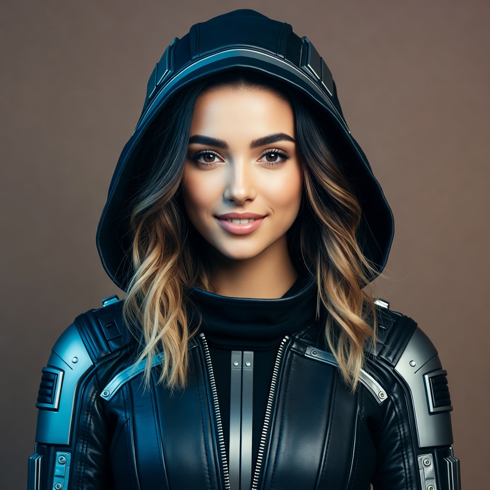 Woman in futuristic hooded armor Woman in futuristic hooded armor
