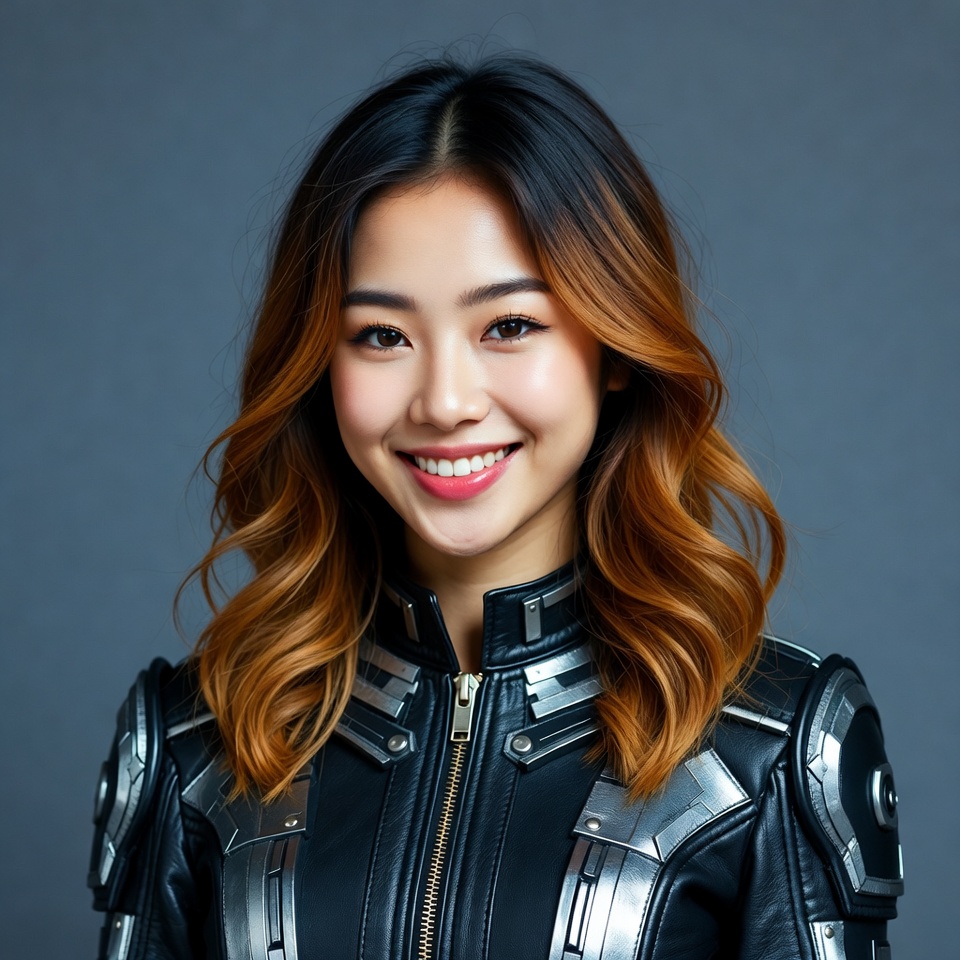 Asian woman in black armored jacket Asian woman in black armored jacket