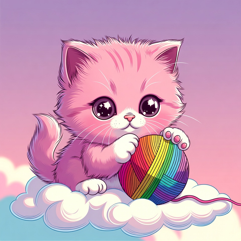 Cute pink kitten holding rainbow yarn ball Cute pink kitten holding rainbow yarn ball