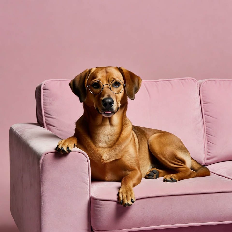 Dog wearing glasses on pink couch Dog wearing glasses on pink couch