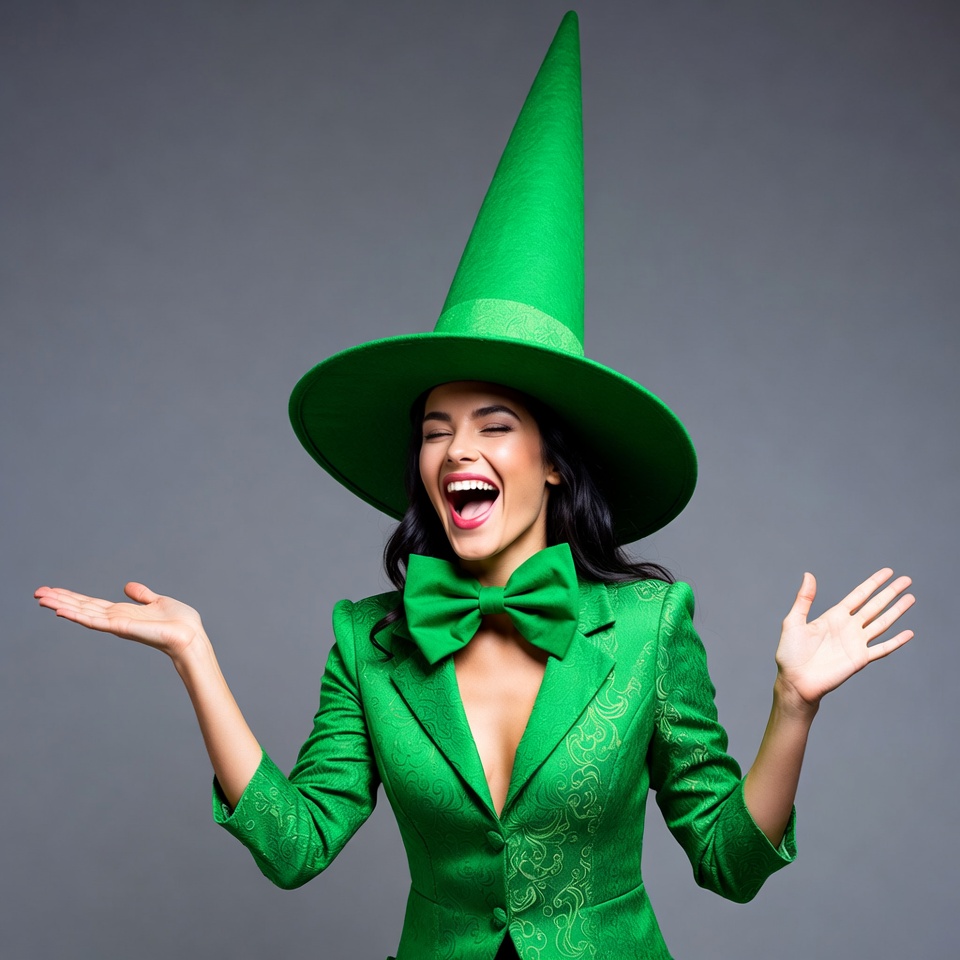 Woman laughing in green witch costume Woman laughing in green witch costume