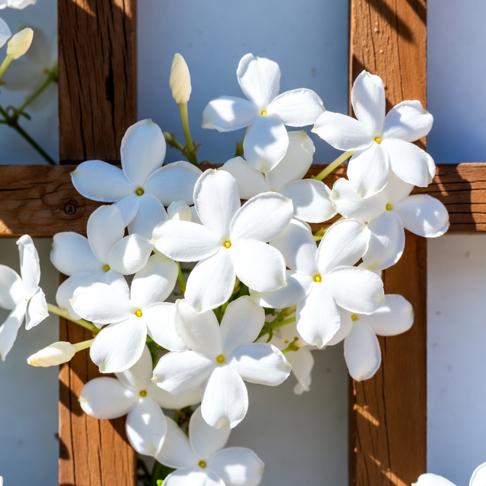 White Jasmine Flowers on Wooden Trellis White Jasmine Flowers on Wooden Trellis