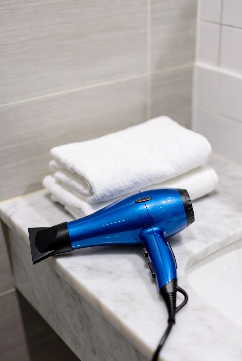 Blue Hair Dryer on Bathroom Counter Blue Hair Dryer on Bathroom Counter