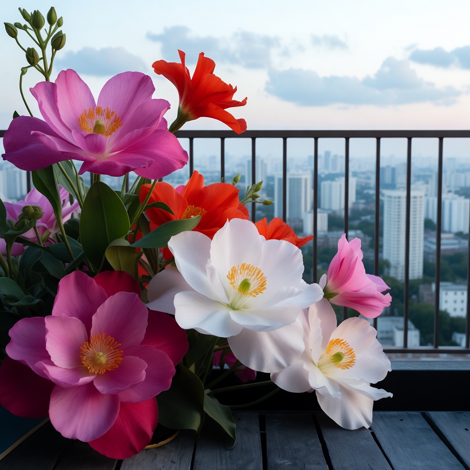 Colorful Flowers on Balcony Overlooking City Colorful Flowers on Balcony Overlooking City