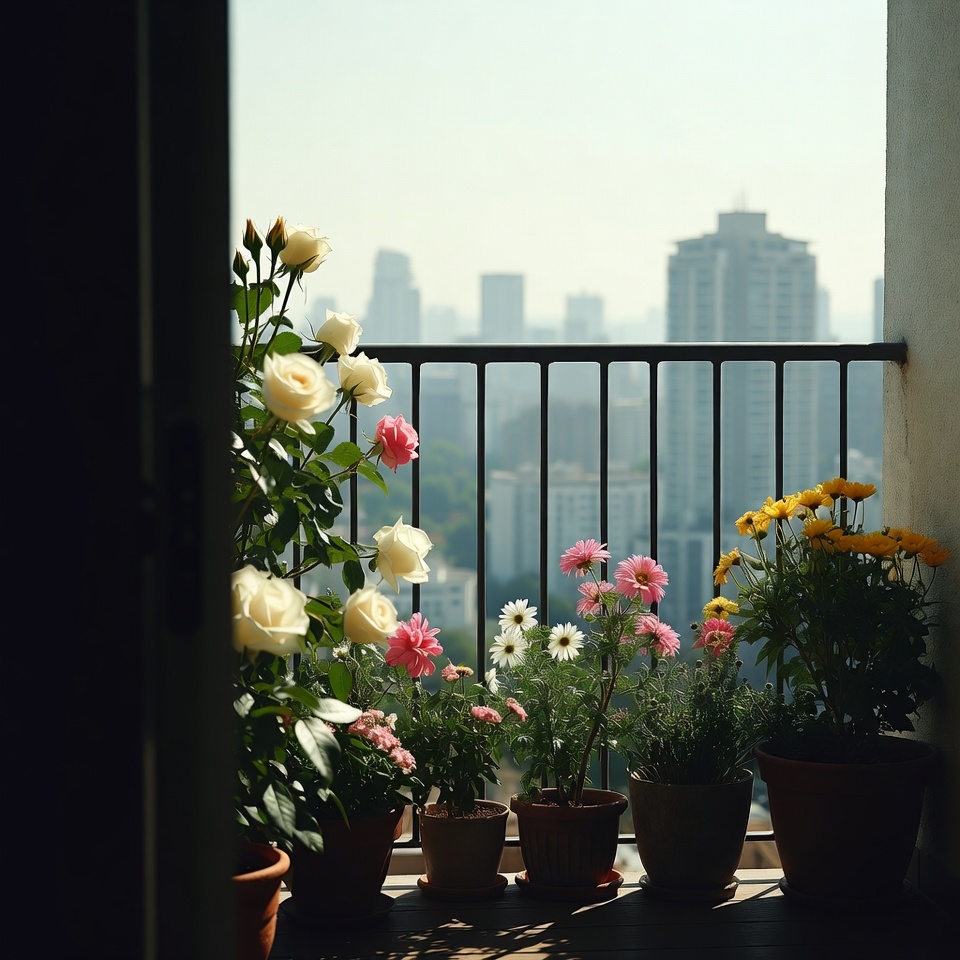 Balcony Potted Flowers with City Skyline Balcony Potted Flowers with City Skyline