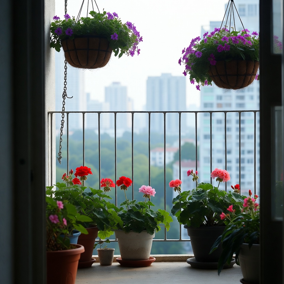 Hanging Purple Flowers on Balcony Hanging Purple Flowers on Balcony