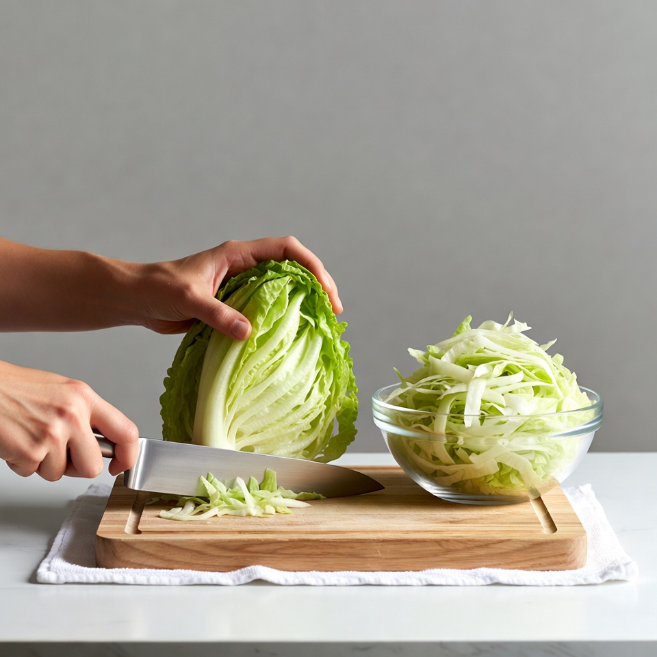 Hands Chopping Cabbage on Cutting Board Hands Chopping Cabbage on Cutting Board